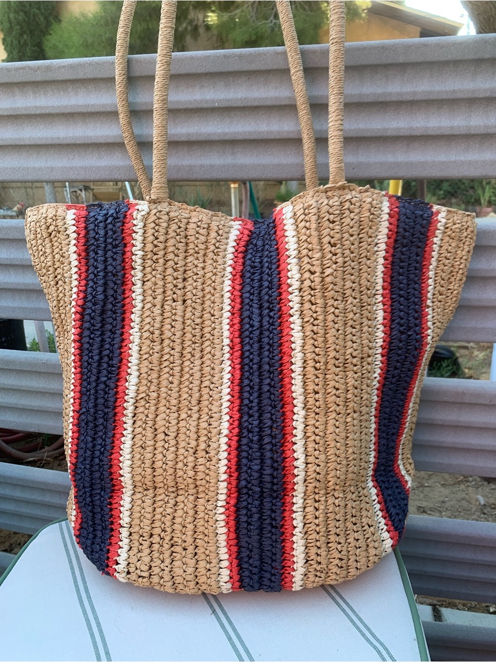 NWT Woven Striped paper Straw Tote Bag in Natural with Navy & Red